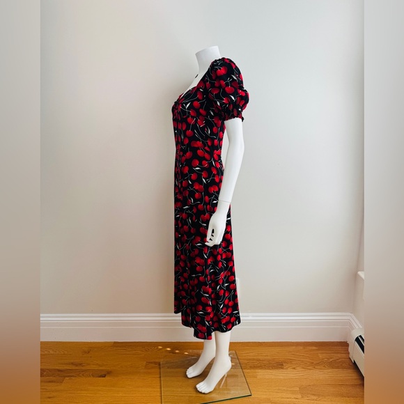 Reformation Lacey Black + Red Cherry Cherries Midi Dress Side Slit - Picture 7 of 9